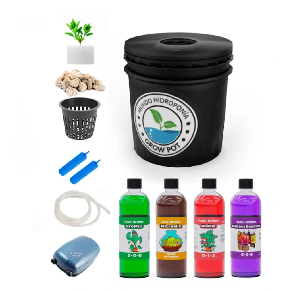 Grow Pot Profesional - DWC Hydro Bucket Kit con Bomba de Aire, Nutrientes y Más (8L)
