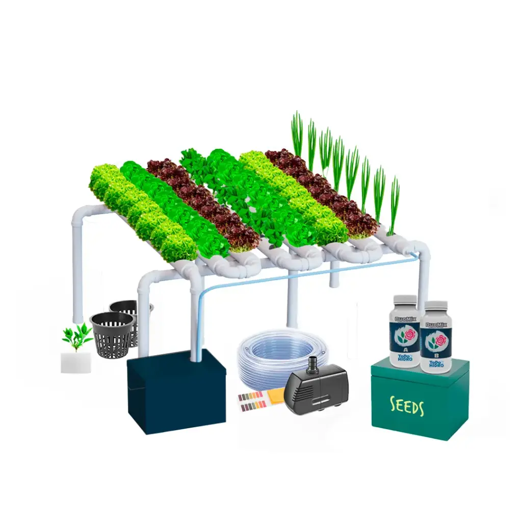 [KIT-00082] Kit Hidropónico N15 Sistema NFT para 64 Plantas, Jardín Completo con Nutrientes, Semillas y Accesorios